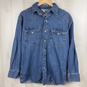 Vintage Key Denim Long Sleeve Western Shirt Medium Wash Pearl Snaps Ranch Large